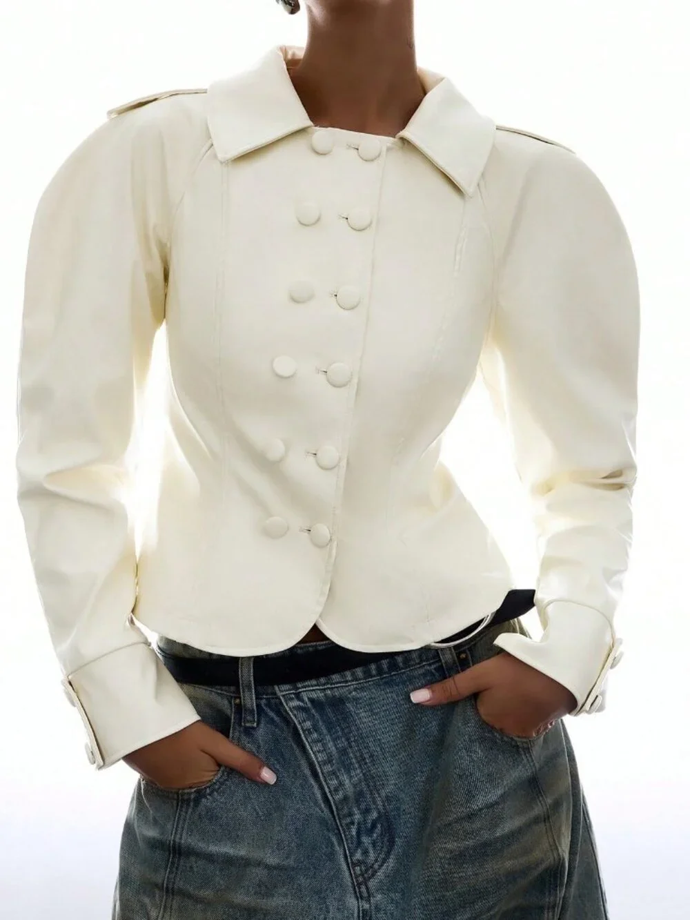 Beige Casual Double-Breasted Puff Long Sleeve Women's Elegant Streetwear Jacket